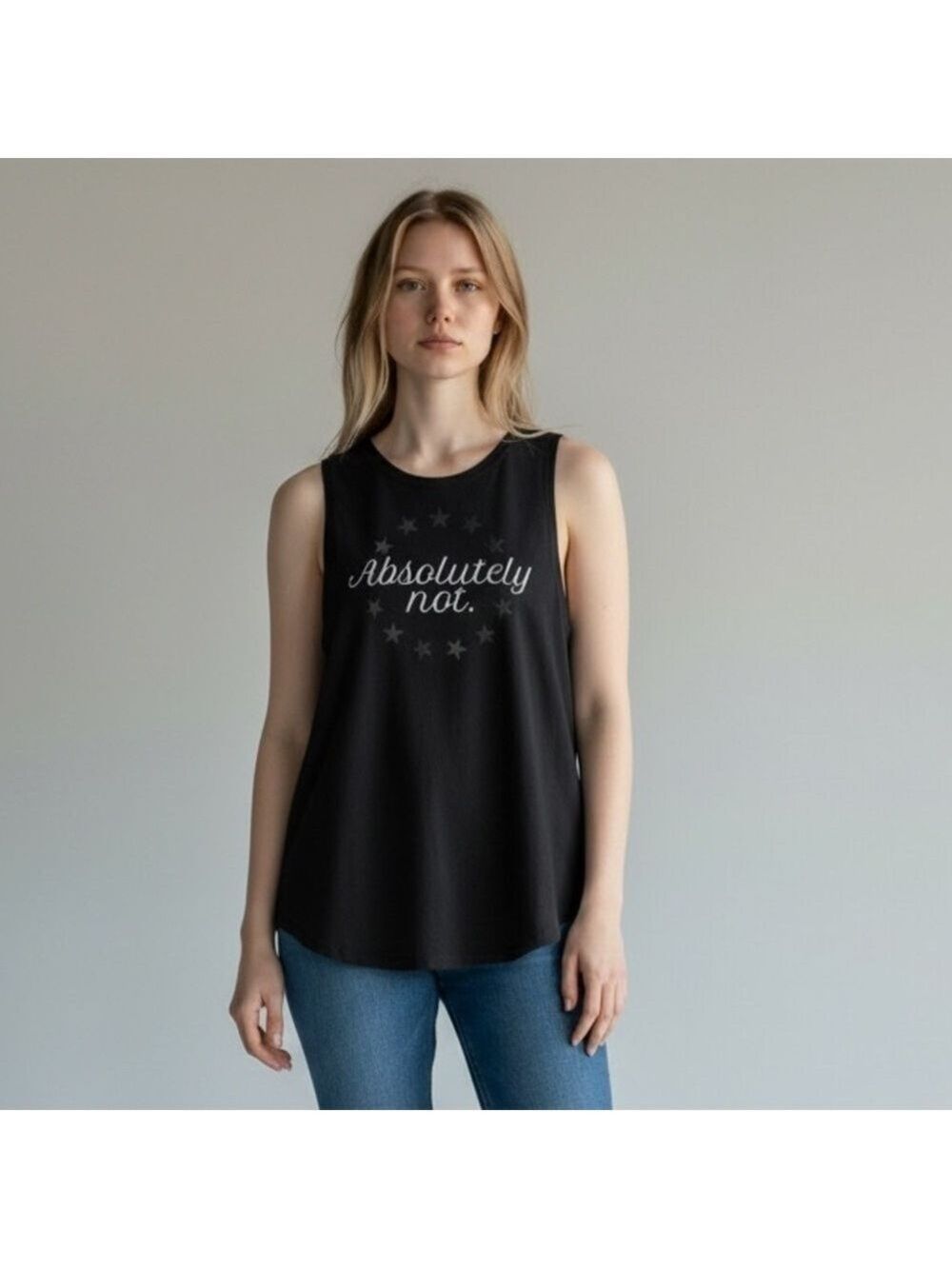 Chrldr Black Tank Size Small White Graphic Absolutely Not with Stars